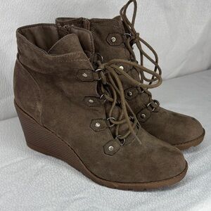 Sam Edelman Brown Suede Wedge Ankle Boots Lace Up Size 10